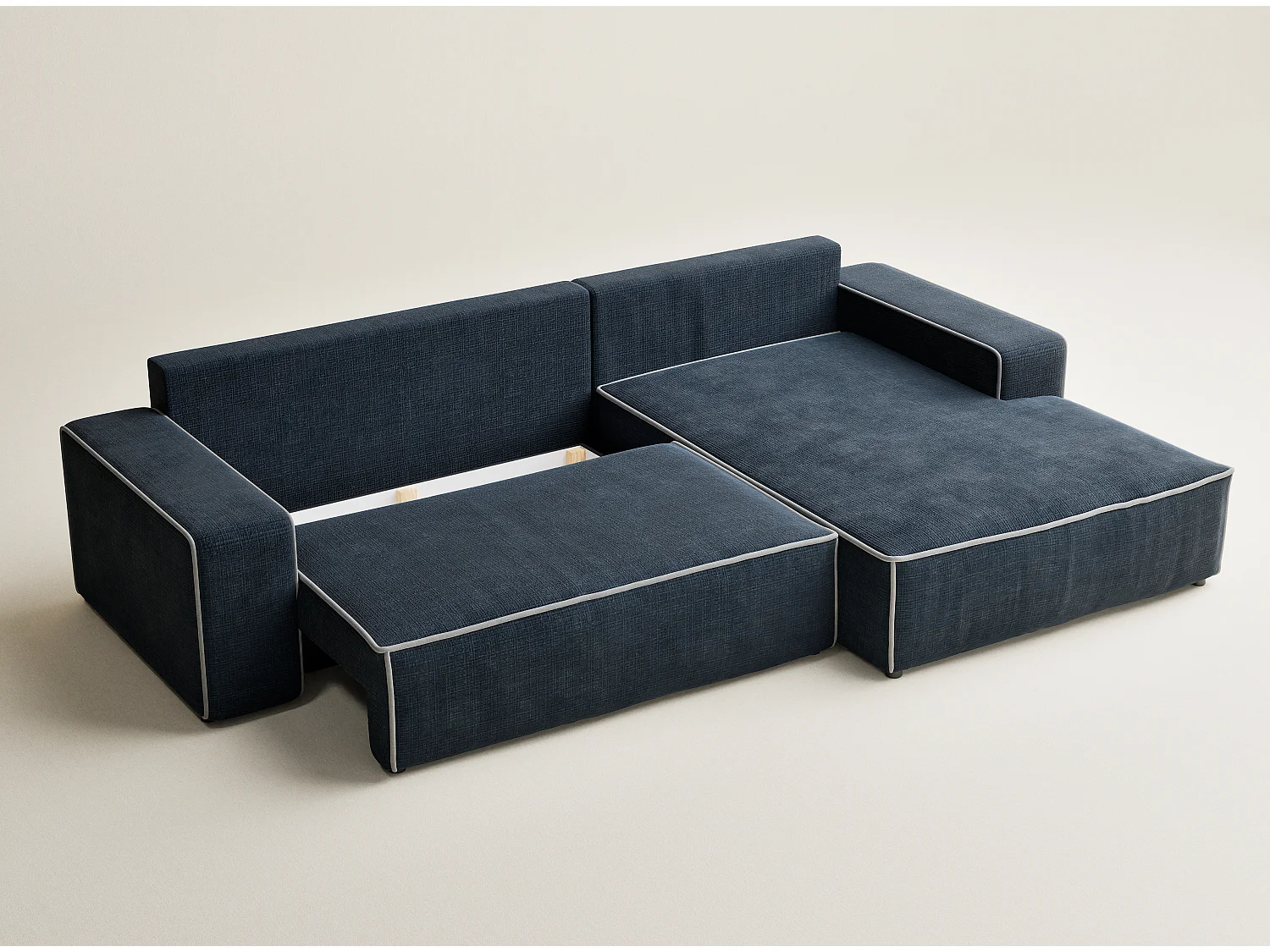 Canapé d'angle droit convertible en tissu chenille bleu foncé-gris MODO