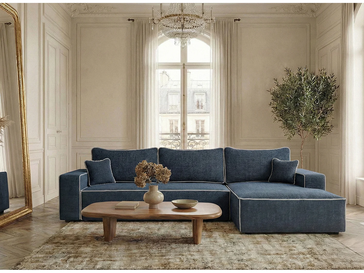 Canapé d'angle droit convertible en tissu chenille bleu foncé-gris MODO