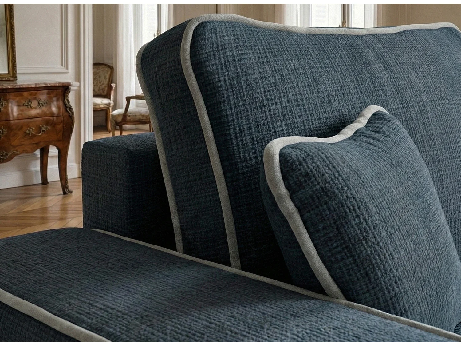 Canapé d'angle droit convertible en tissu chenille bleu foncé-gris MODO