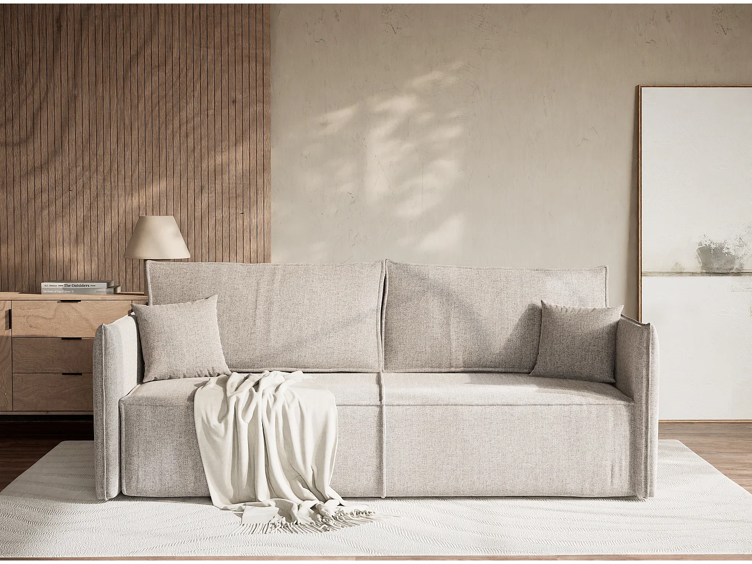 Canapé 3 places convertible en tissu tressé beige gris OBRA