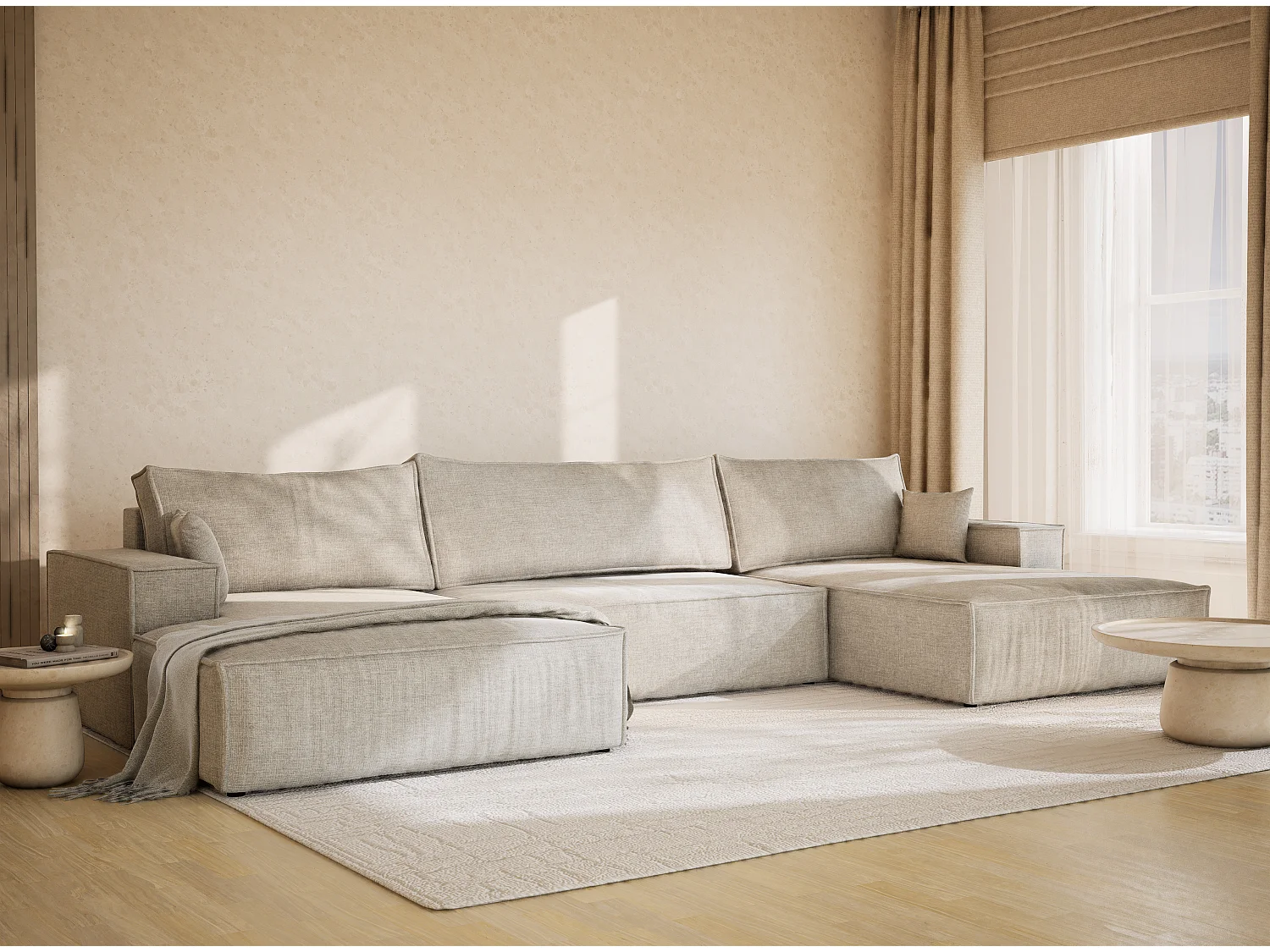 Canapé d'angle panoramique avec fonction lit en tissu chenille gris KYOTO