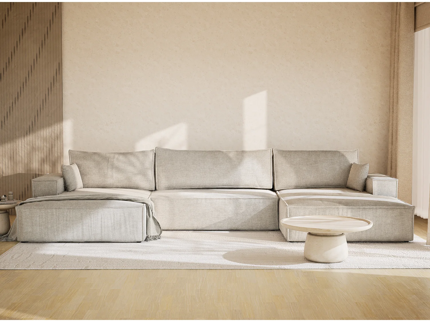 Canapé d'angle panoramique avec fonction lit en tissu chenille gris KYOTO