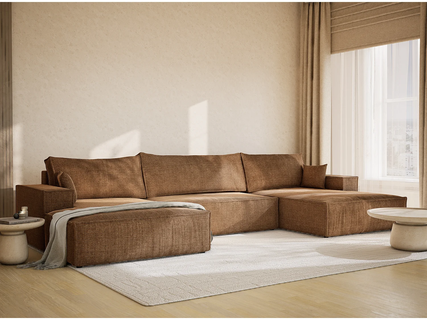Canapé d'angle panoramique avec fonction lit en tissu chenille brun clair KYOTO