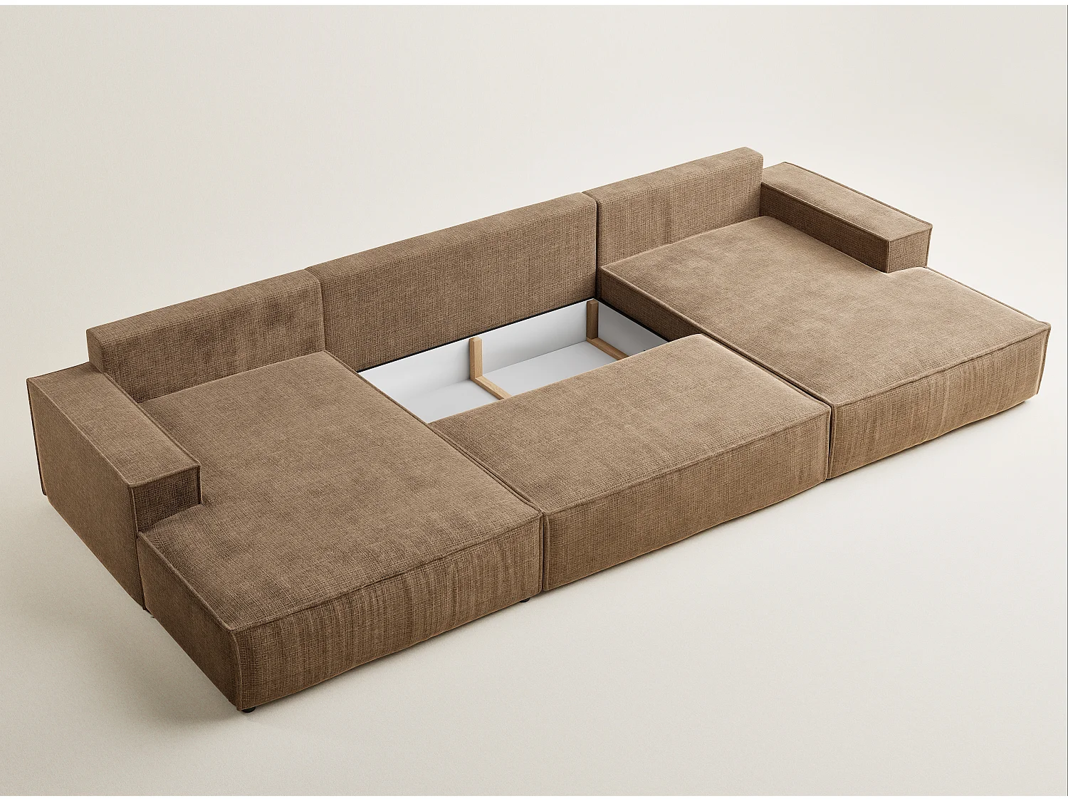 Canapé d'angle panoramique avec fonction lit en tissu chenille brun clair KYOTO