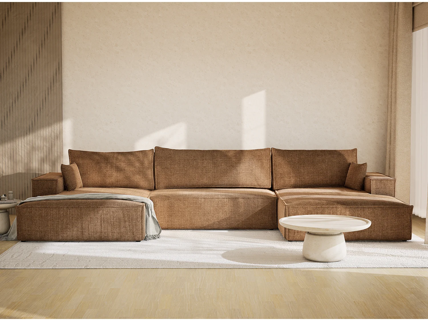 Canapé d'angle panoramique avec fonction lit en tissu chenille brun clair KYOTO