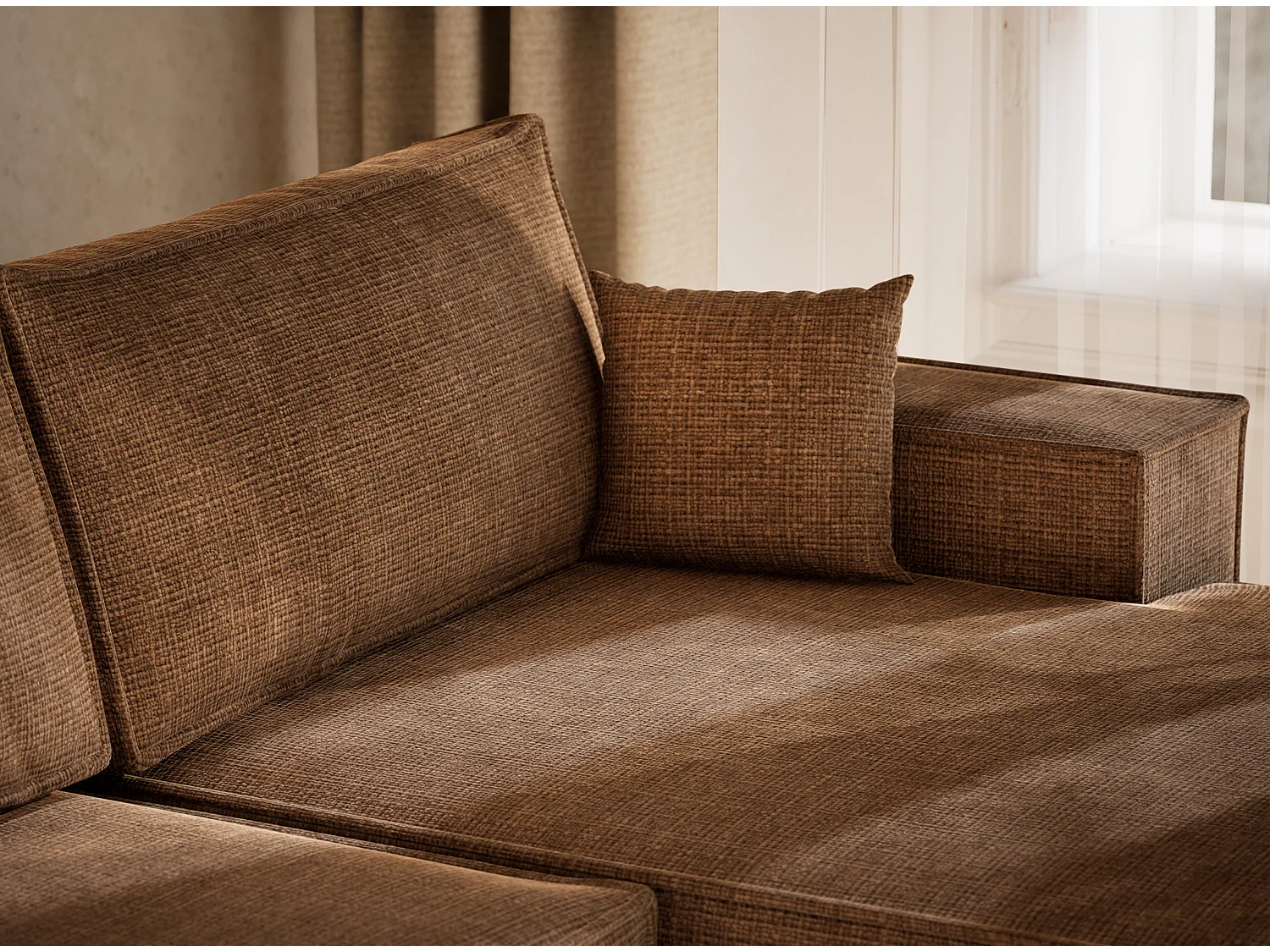 Canapé d'angle panoramique avec fonction lit en tissu chenille brun clair KYOTO