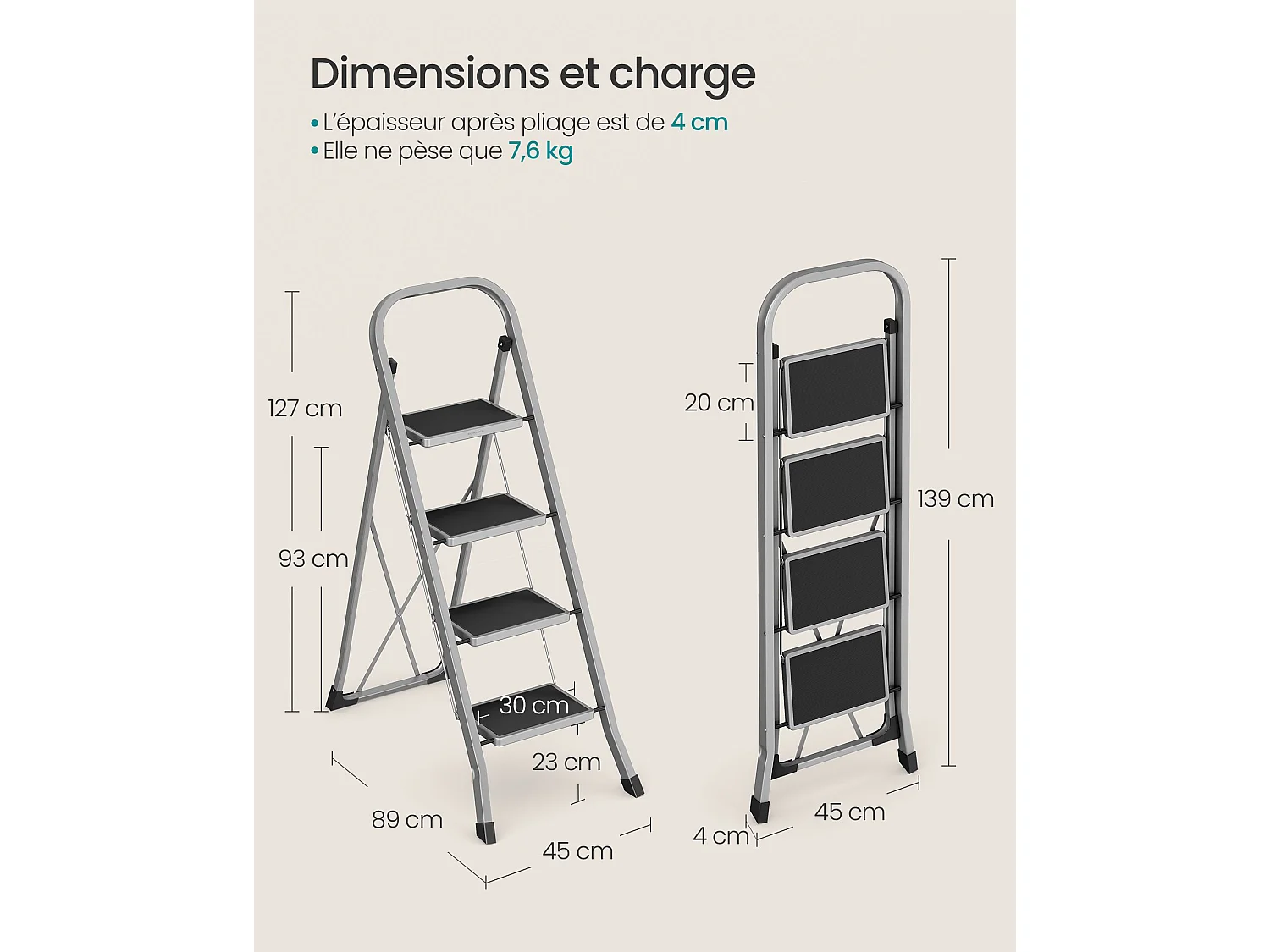 Marchepied 4 marches pliable charge 150 kg gris tourterelle