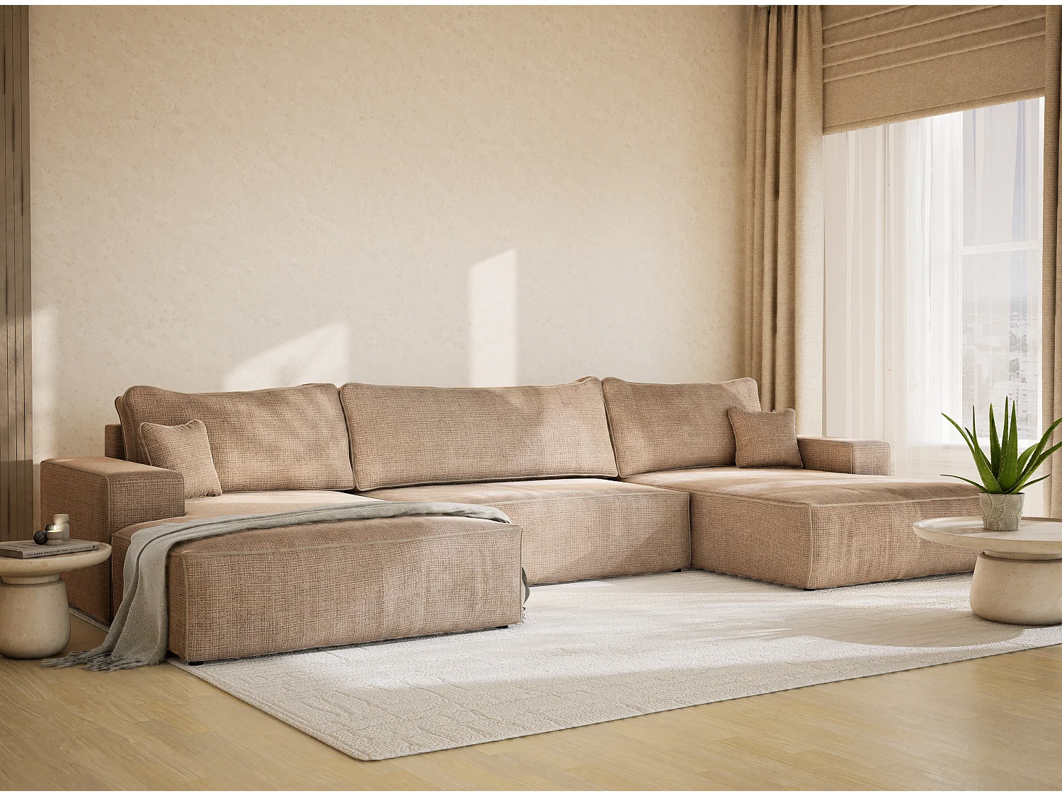 Canapé d'angle panoramique convertible en tissu chenille beige DESEO