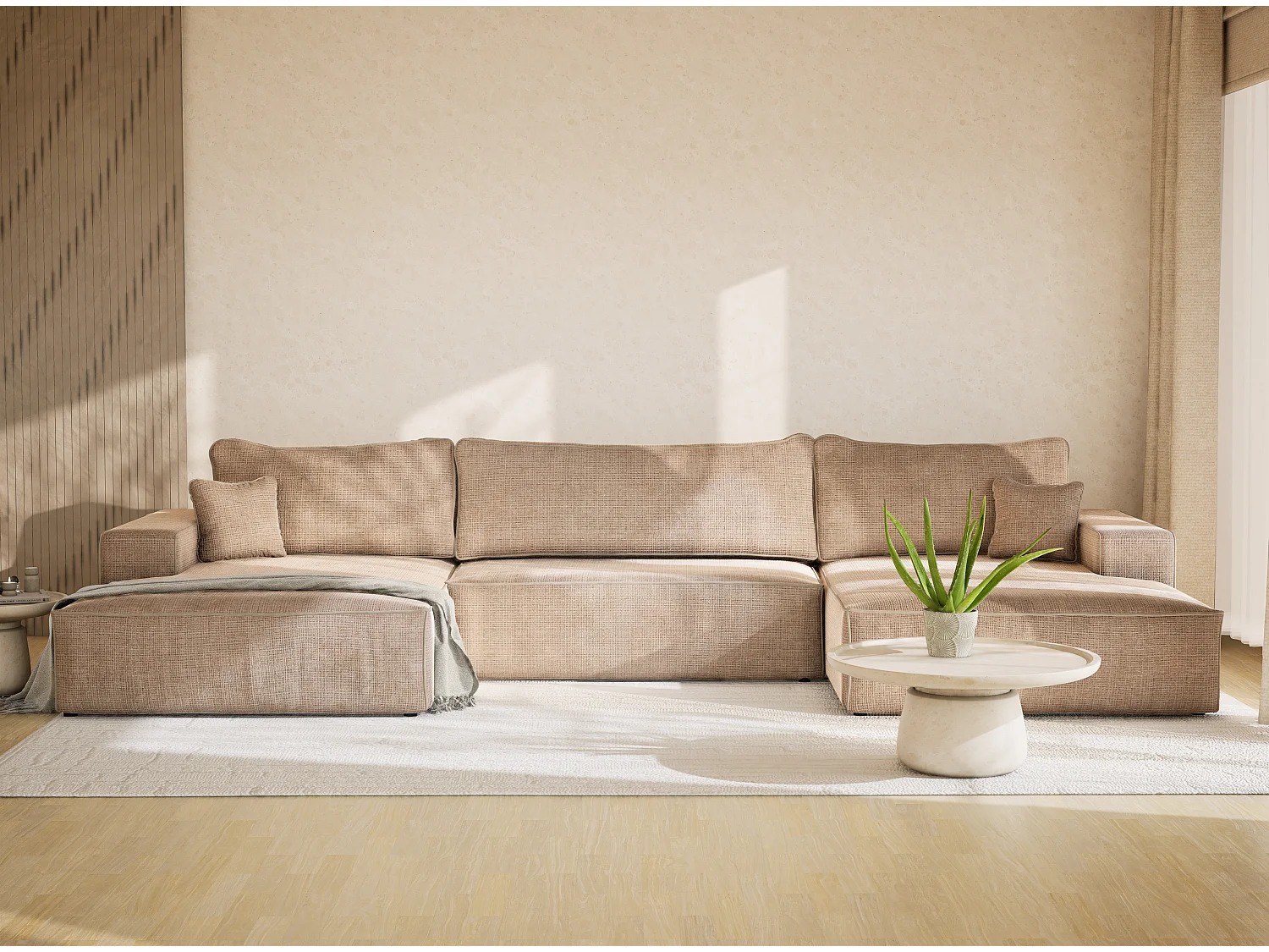 Canapé d'angle panoramique convertible en tissu chenille beige DESEO