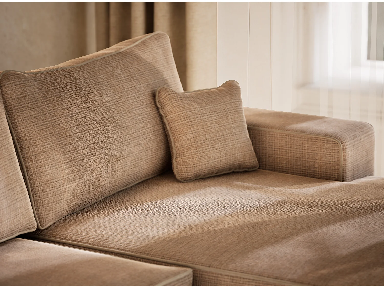 Canapé d'angle panoramique convertible en tissu chenille beige DESEO