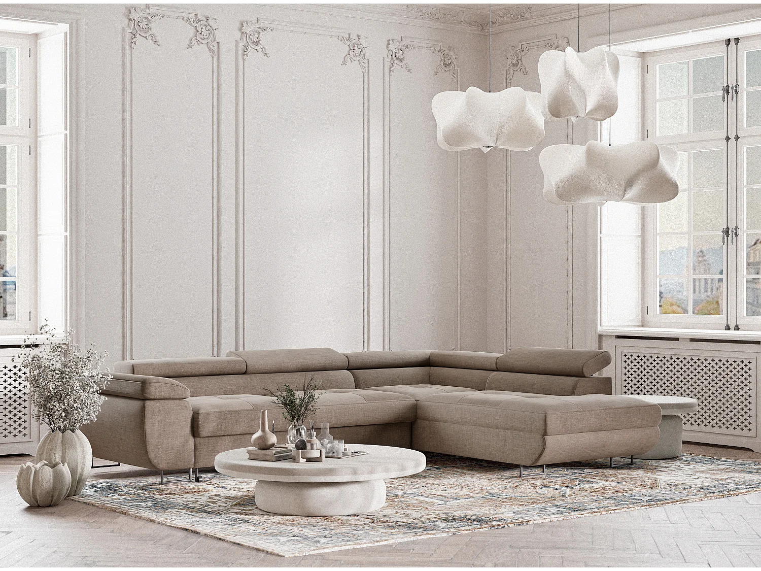 Canapé d'angle droit convertible en tissu chenille brun gris CONCORD