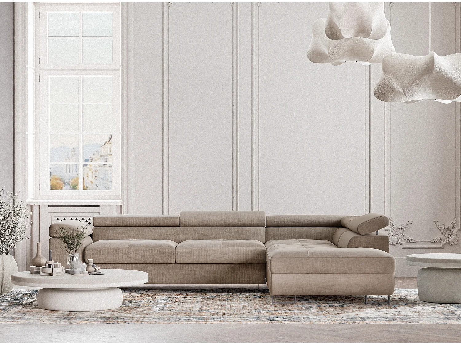 Canapé d'angle droit convertible en tissu chenille brun gris CONCORD