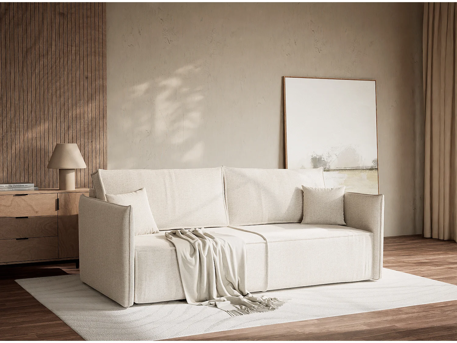 Canapé 3 places convertible en tissu tressé hellbeige OBRA