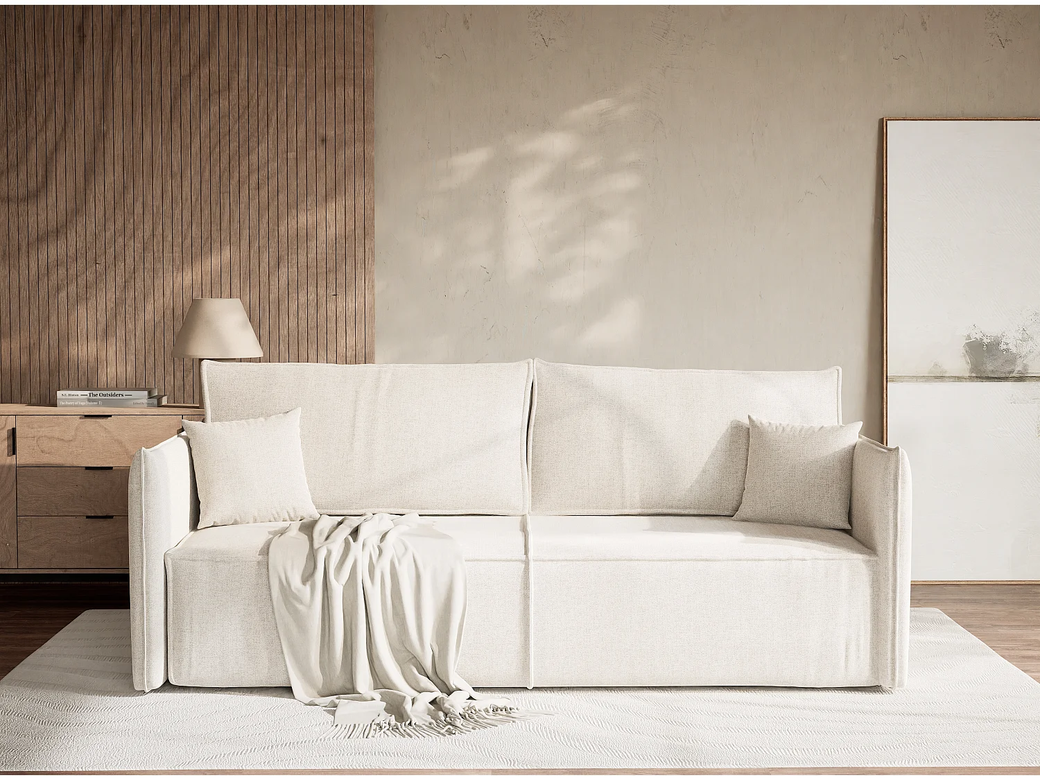 Canapé 3 places convertible en tissu tressé hellbeige OBRA