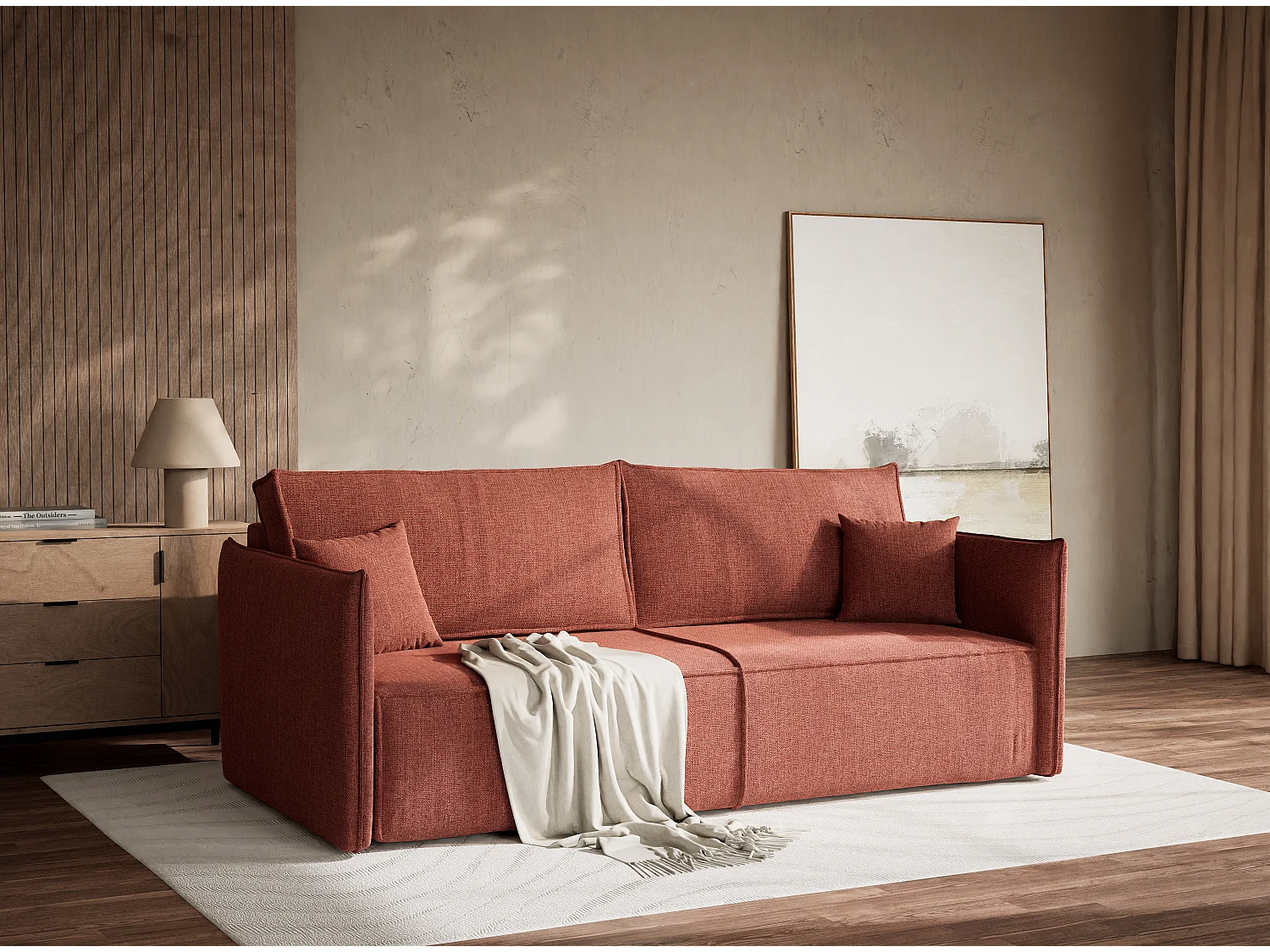 Canapé 3 places convertible en tissu tressé corail OBRA