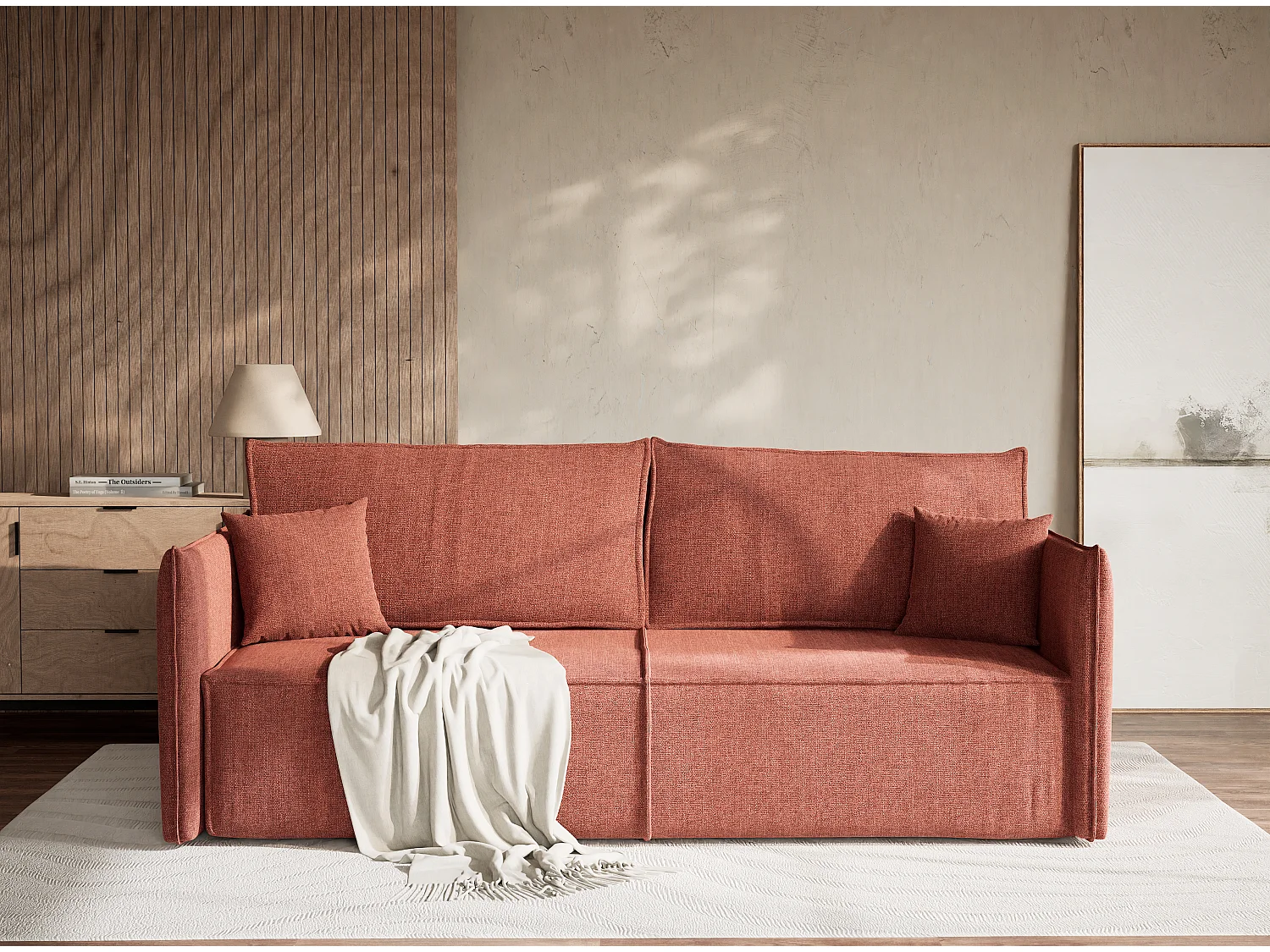 Canapé 3 places convertible en tissu tressé corail OBRA