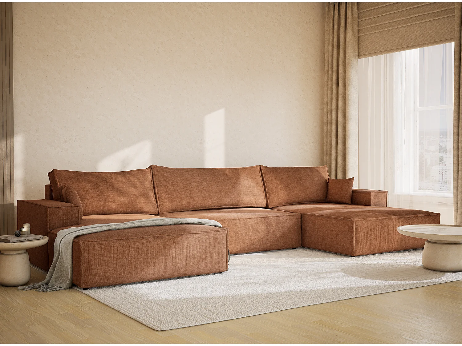 Canapé d'angle panoramique avec fonction lit en tissu chenille brun KYOTO