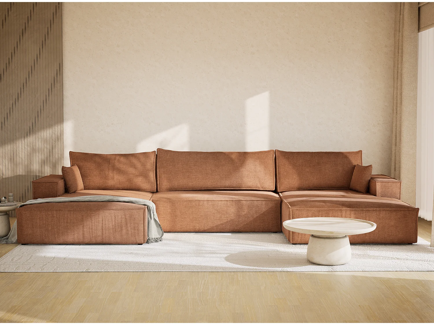 Canapé d'angle panoramique avec fonction lit en tissu chenille brun KYOTO