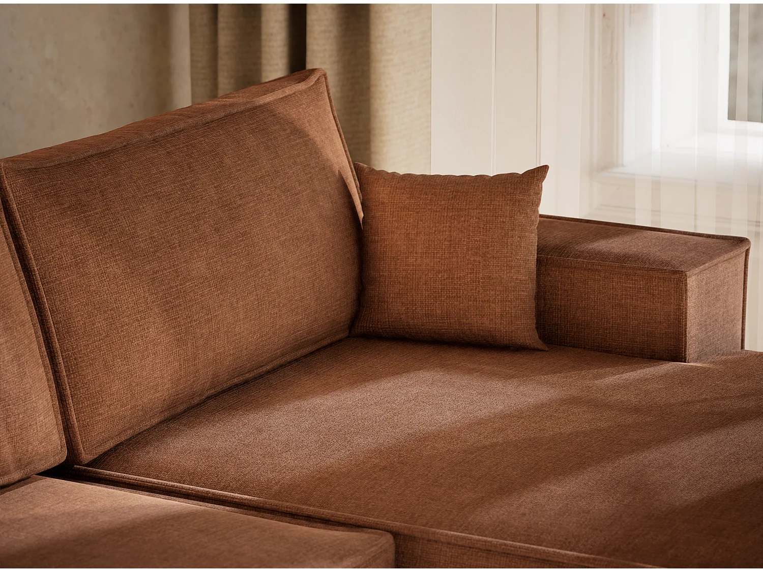 Canapé d'angle panoramique avec fonction lit en tissu chenille brun KYOTO