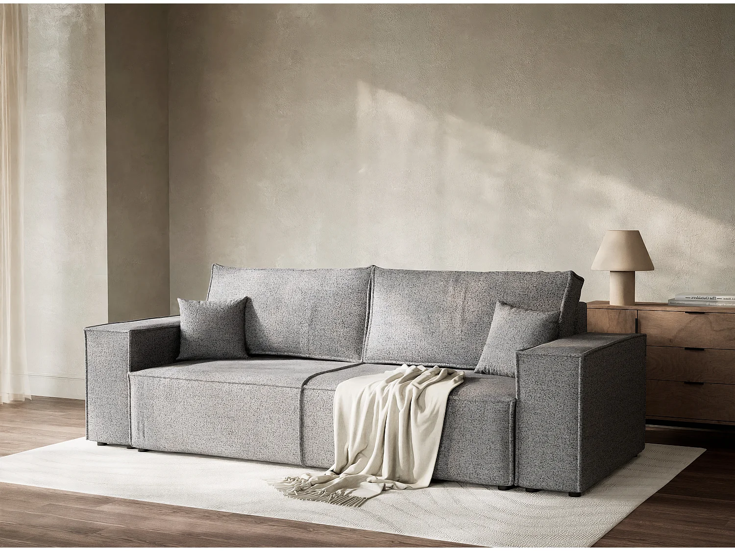 Canapé 3 places convertible en tissu tressé gris clair MILOS