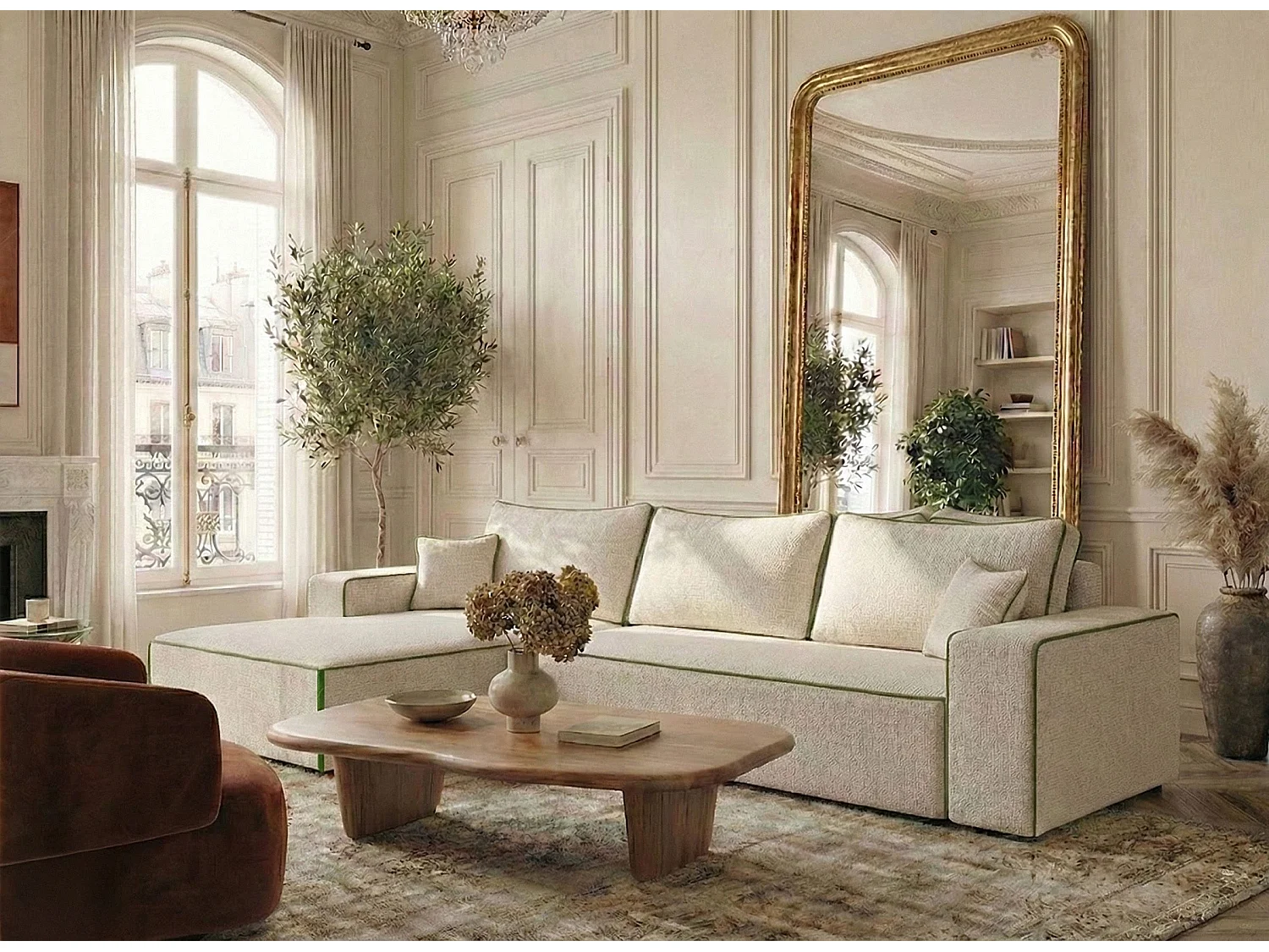 Canapé d'angle gauche convertible en tissu chenille creme-vert olive MODO