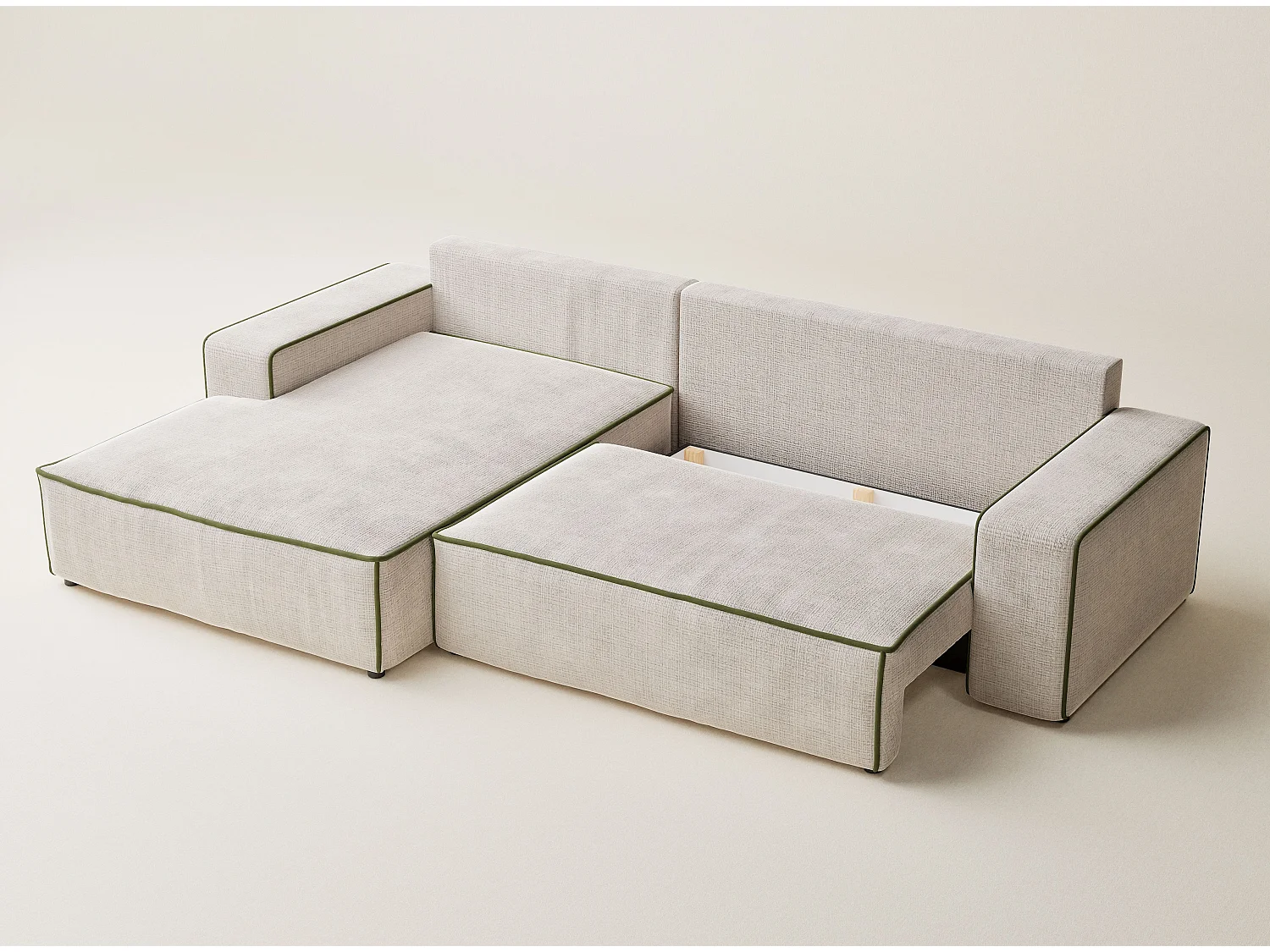 Canapé d'angle gauche convertible en tissu chenille creme-vert olive MODO