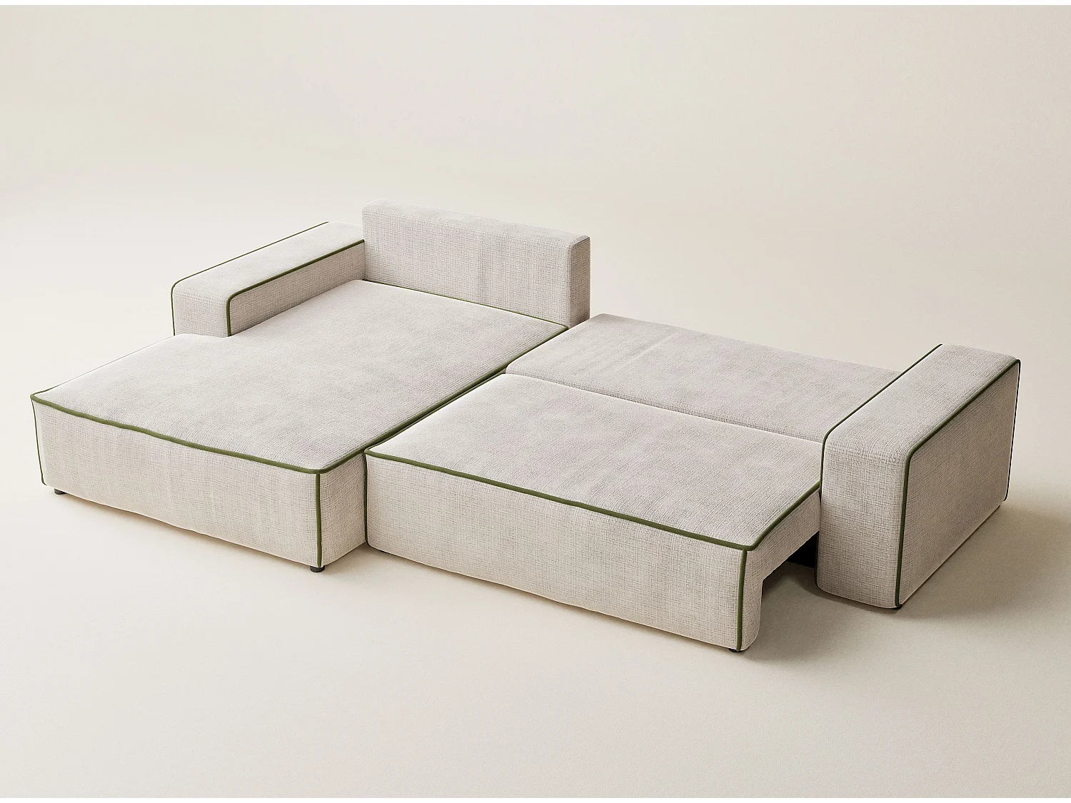 Canapé d'angle gauche convertible en tissu chenille creme-vert olive MODO