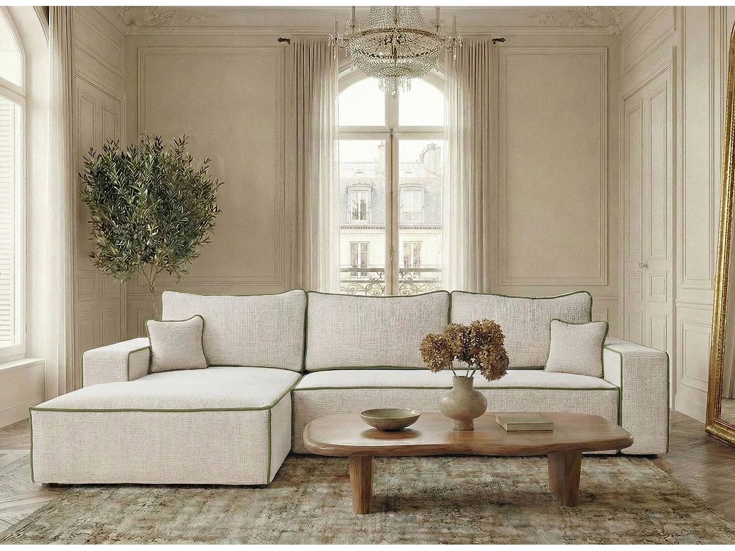 Canapé d'angle gauche convertible en tissu chenille creme-vert olive MODO