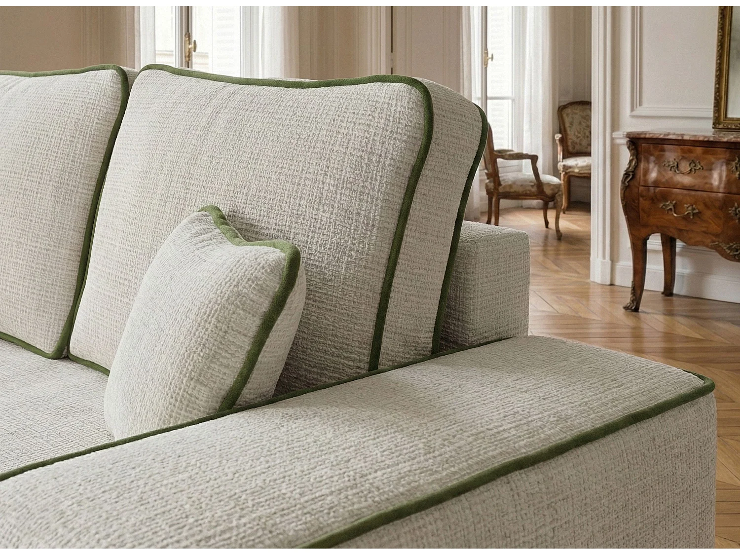 Canapé d'angle gauche convertible en tissu chenille creme-vert olive MODO