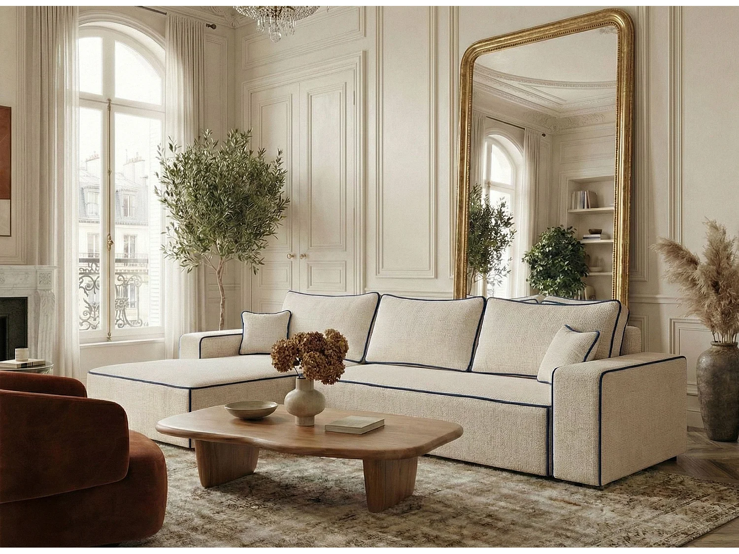 Canapé d'angle gauche convertible en tissu chenille creme-bleu foncé MODO