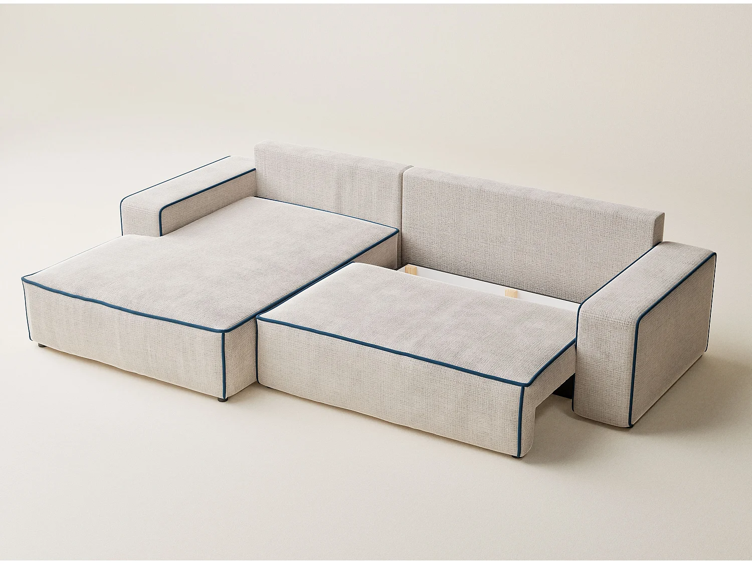 Canapé d'angle gauche convertible en tissu chenille creme-bleu foncé MODO