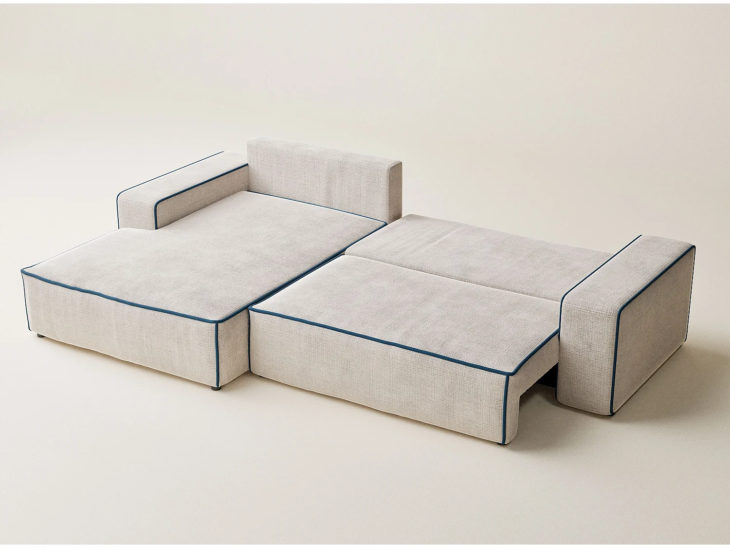 Canapé d'angle gauche convertible en tissu chenille creme-bleu foncé MODO