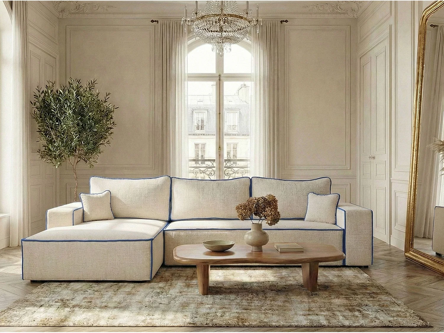 Canapé d'angle gauche convertible en tissu chenille creme-bleu foncé MODO