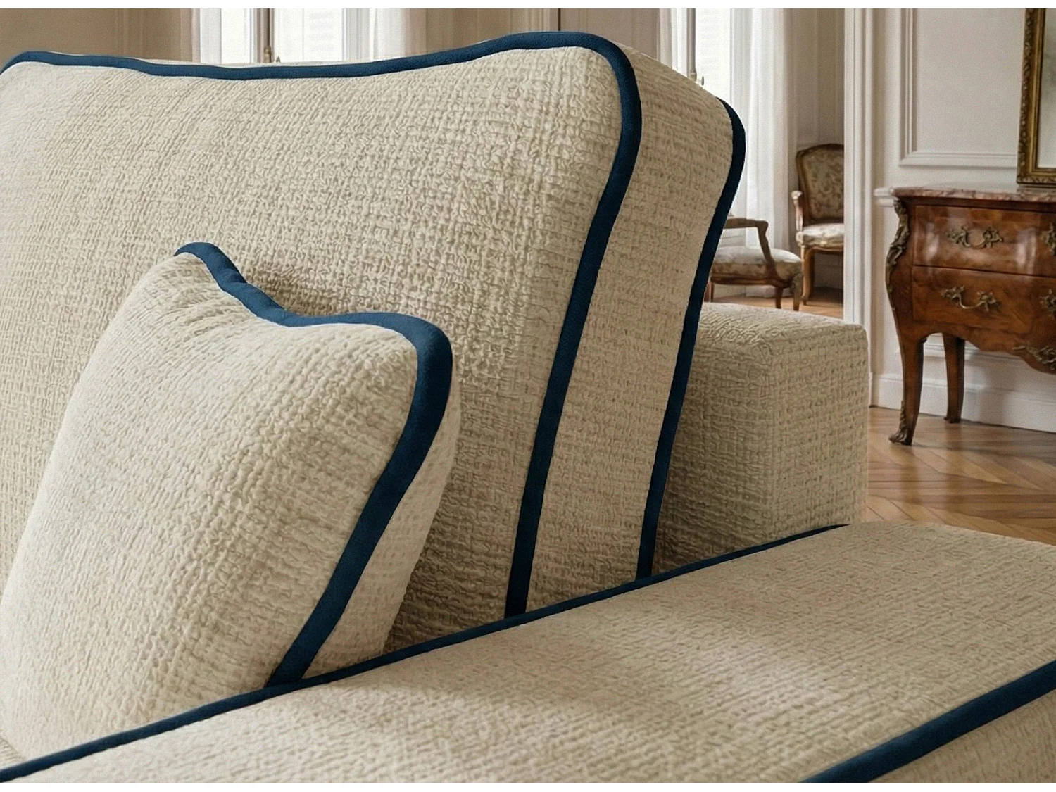 Canapé d'angle gauche convertible en tissu chenille creme-bleu foncé MODO