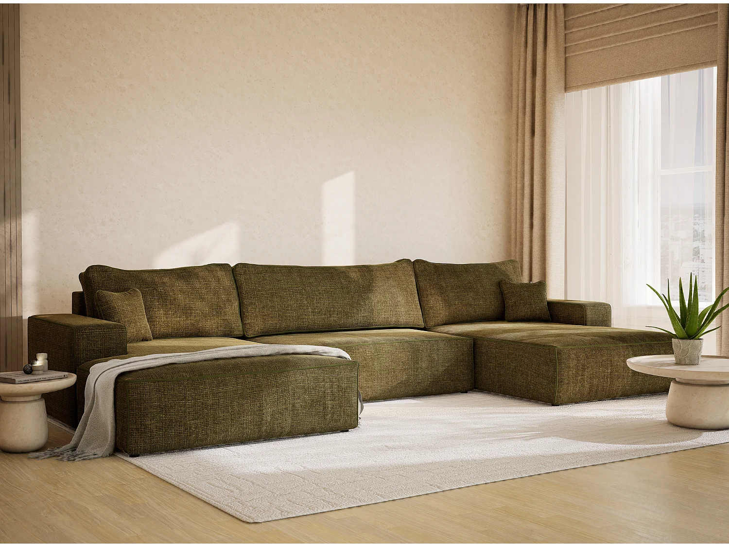 Canapé d'angle panoramique convertible en tissu chenille vert olive DESEO