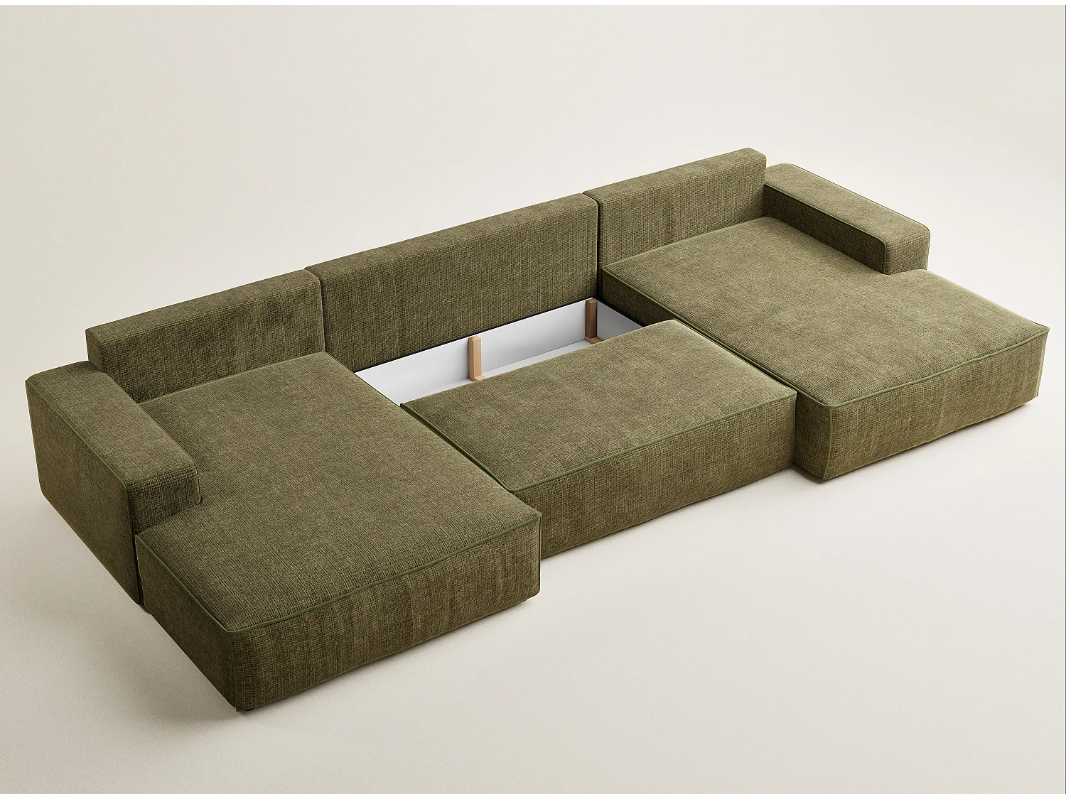 Canapé d'angle panoramique convertible en tissu chenille vert olive DESEO