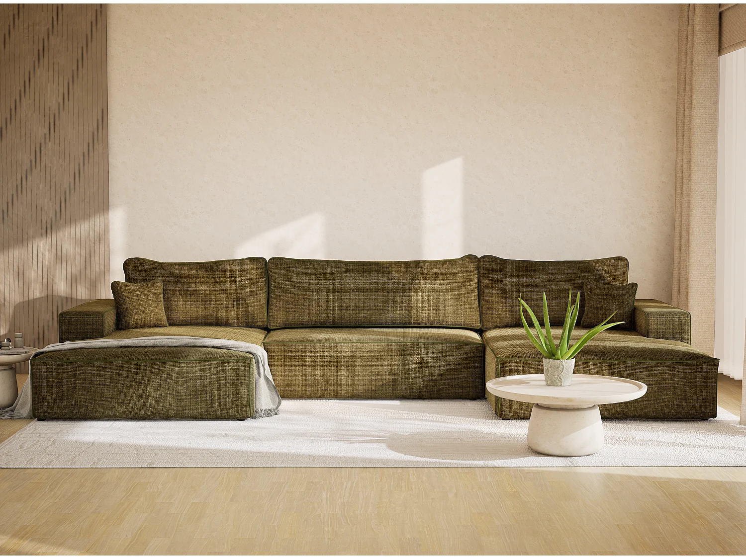 Canapé d'angle panoramique convertible en tissu chenille vert olive DESEO