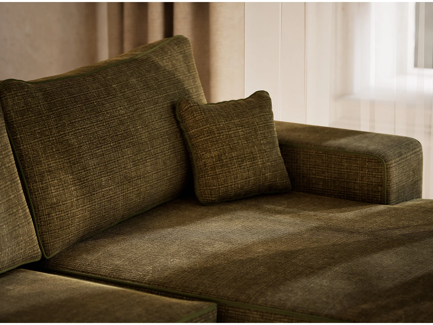 Canapé d'angle panoramique convertible en tissu chenille vert olive DESEO