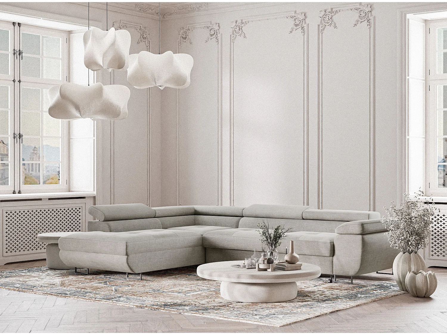 Canapé d'angle gauche convertible en tissu chenille gris CONCORD