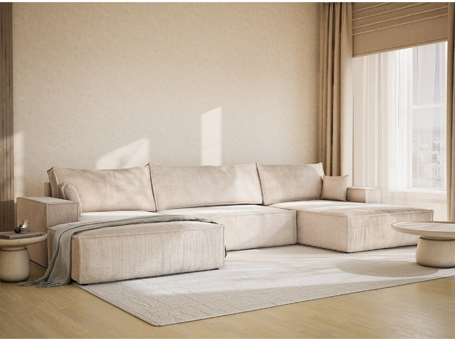 Canapé d'angle panoramique avec fonction lit en tissu chenille creme KYOTO