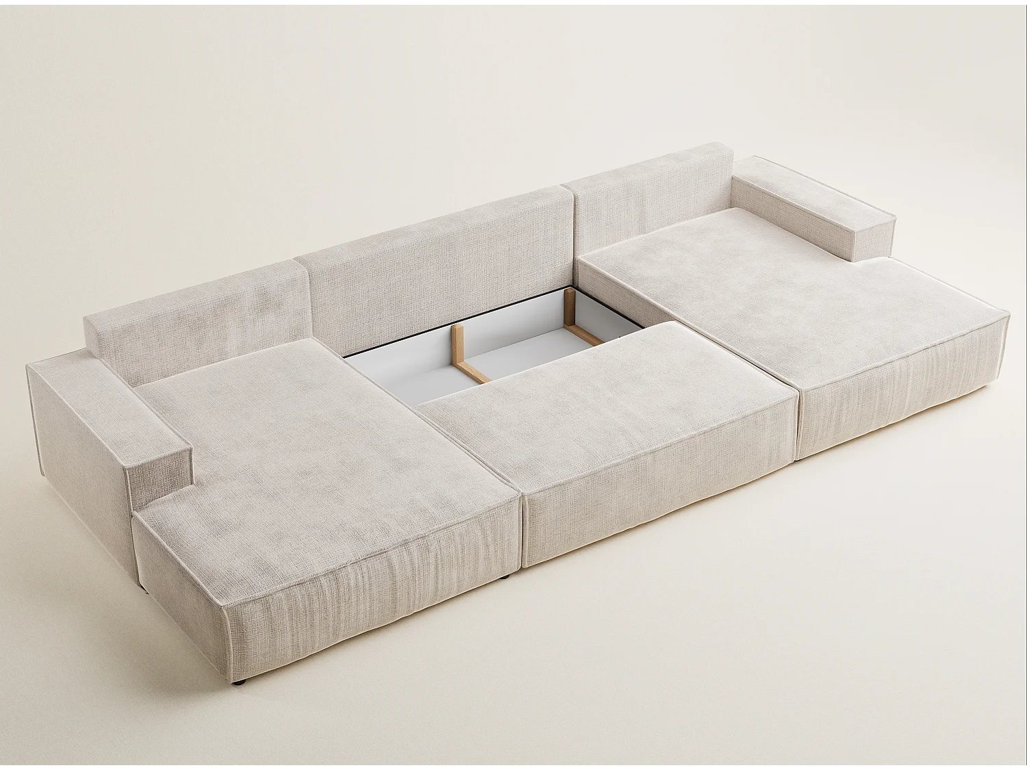 Canapé d'angle panoramique avec fonction lit en tissu chenille creme KYOTO