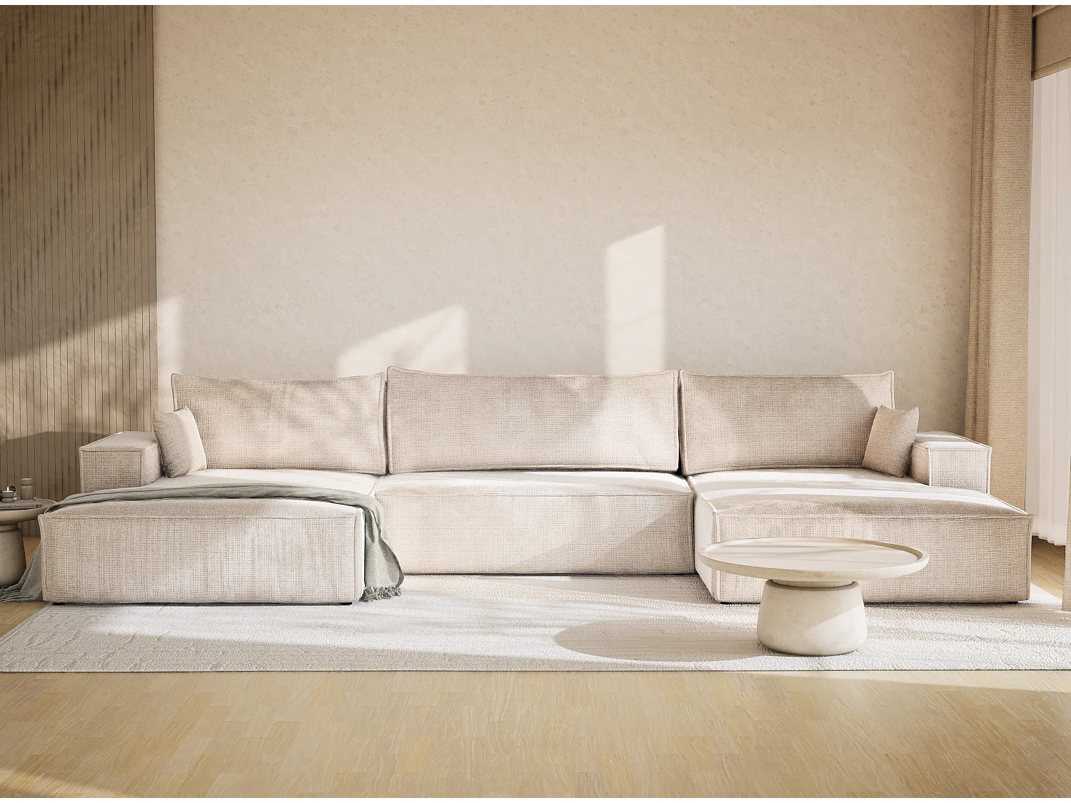 Canapé d'angle panoramique avec fonction lit en tissu chenille creme KYOTO