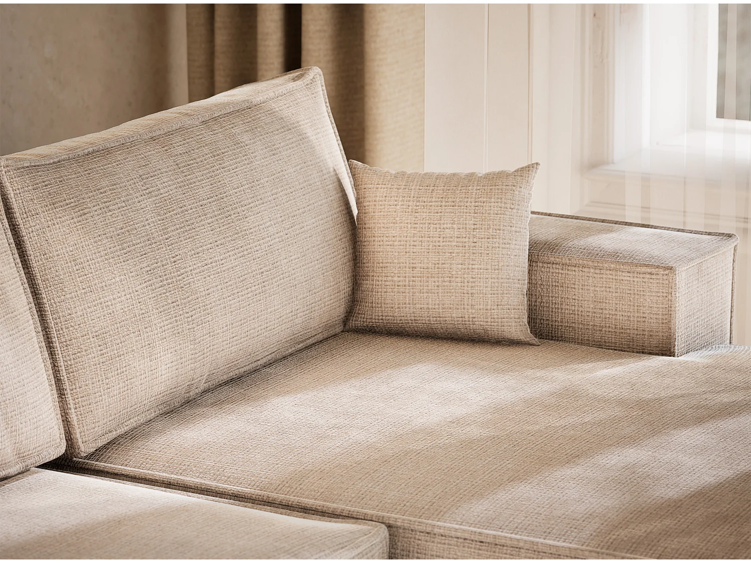 Canapé d'angle panoramique avec fonction lit en tissu chenille creme KYOTO