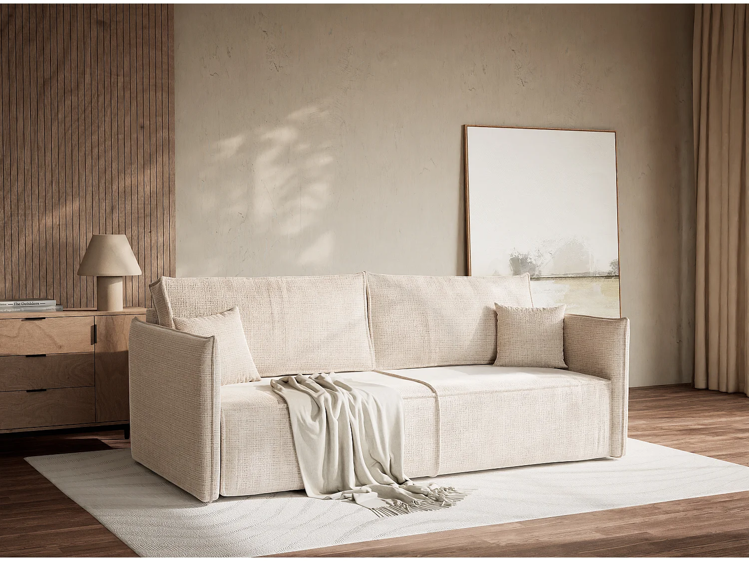 Canapé 3 places convertible en tissu chenille creme OBRA