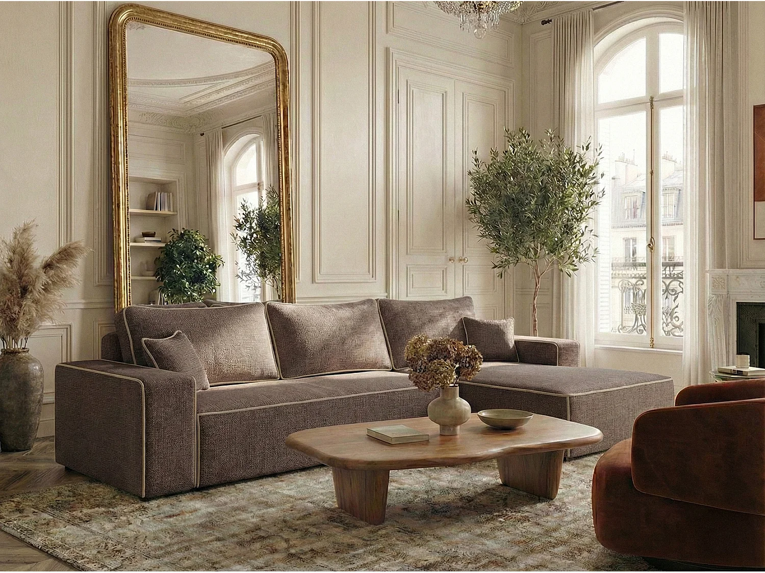 Canapé d'angle droit convertible en tissu chenille brun-beige MODO