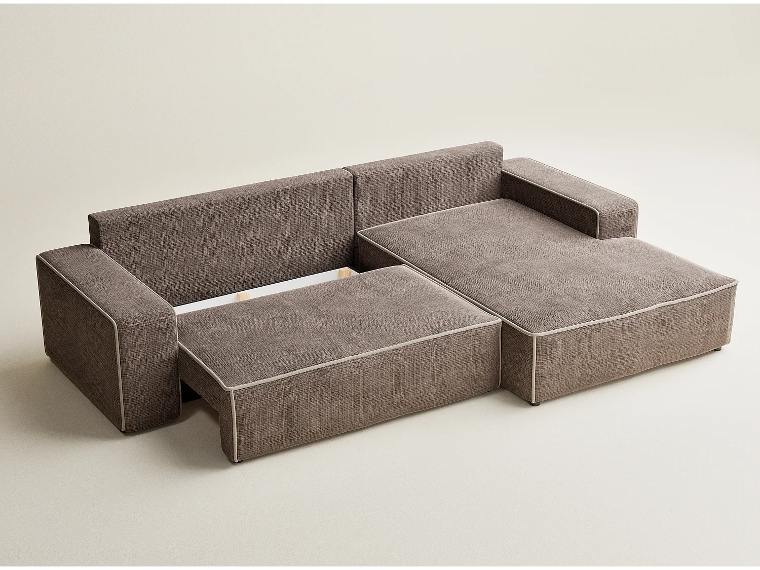 Canapé d'angle droit convertible en tissu chenille brun-beige MODO