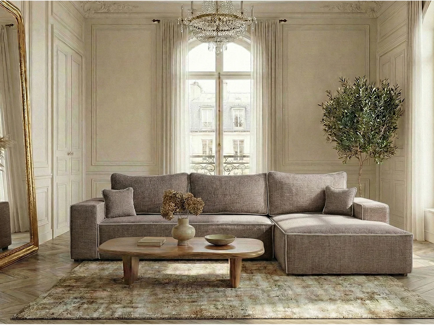 Canapé d'angle droit convertible en tissu chenille brun-beige MODO