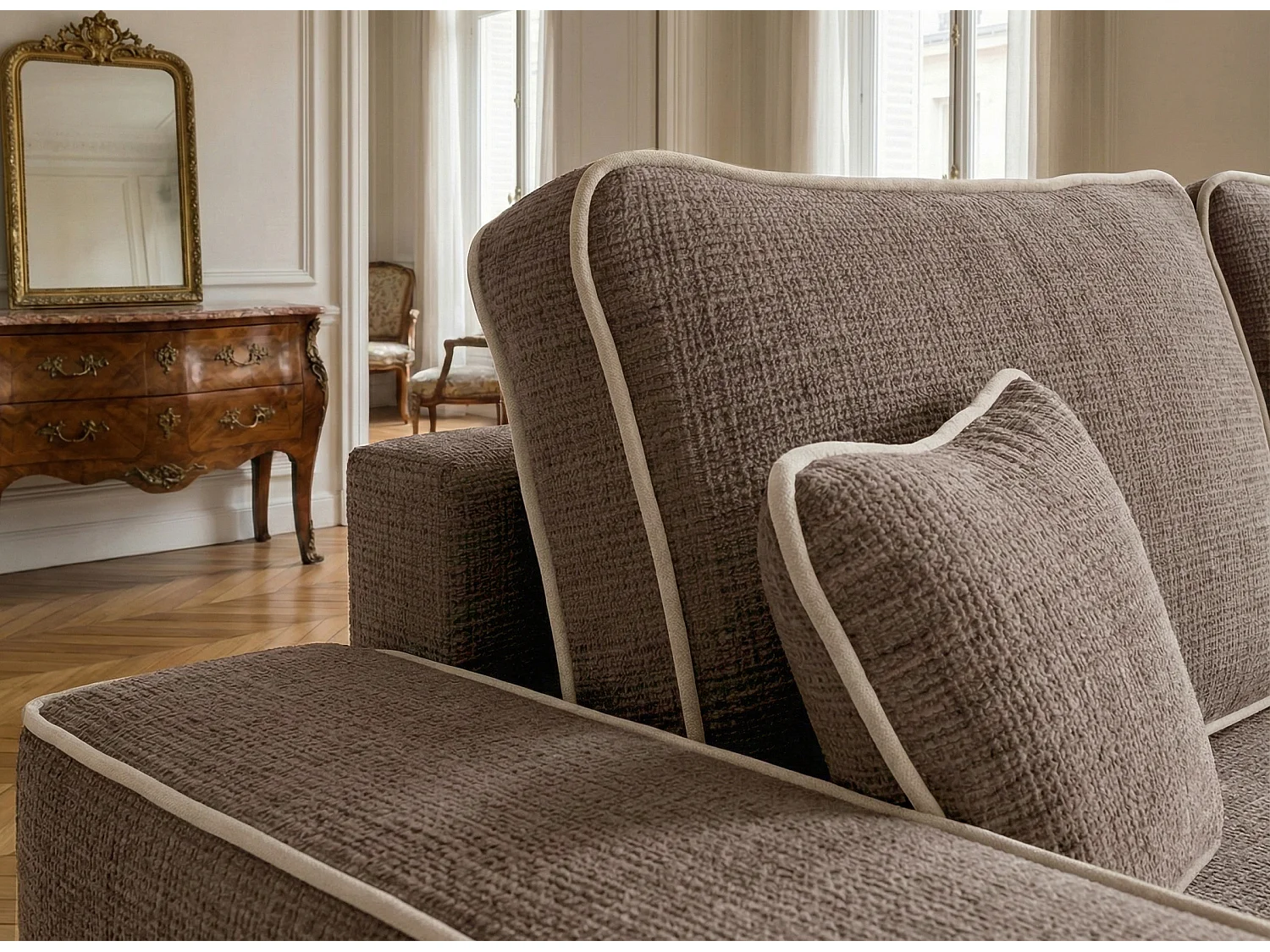 Canapé d'angle droit convertible en tissu chenille brun-beige MODO