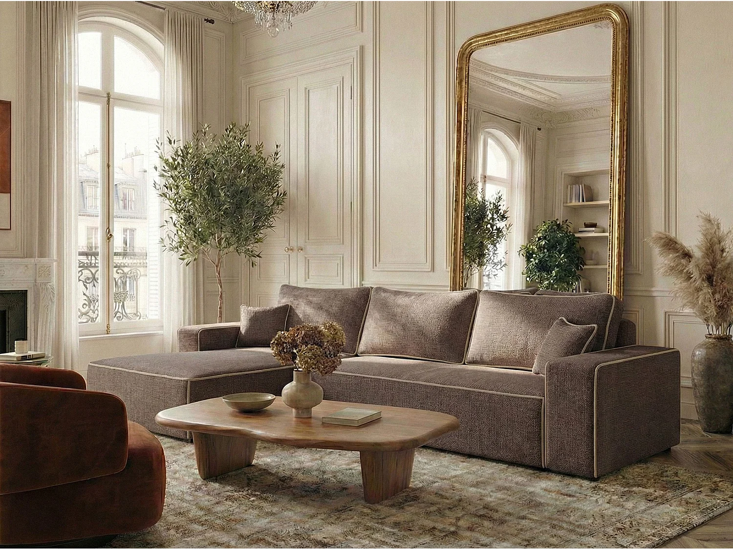 Canapé d'angle gauche convertible en tissu chenille brun-beige MODO