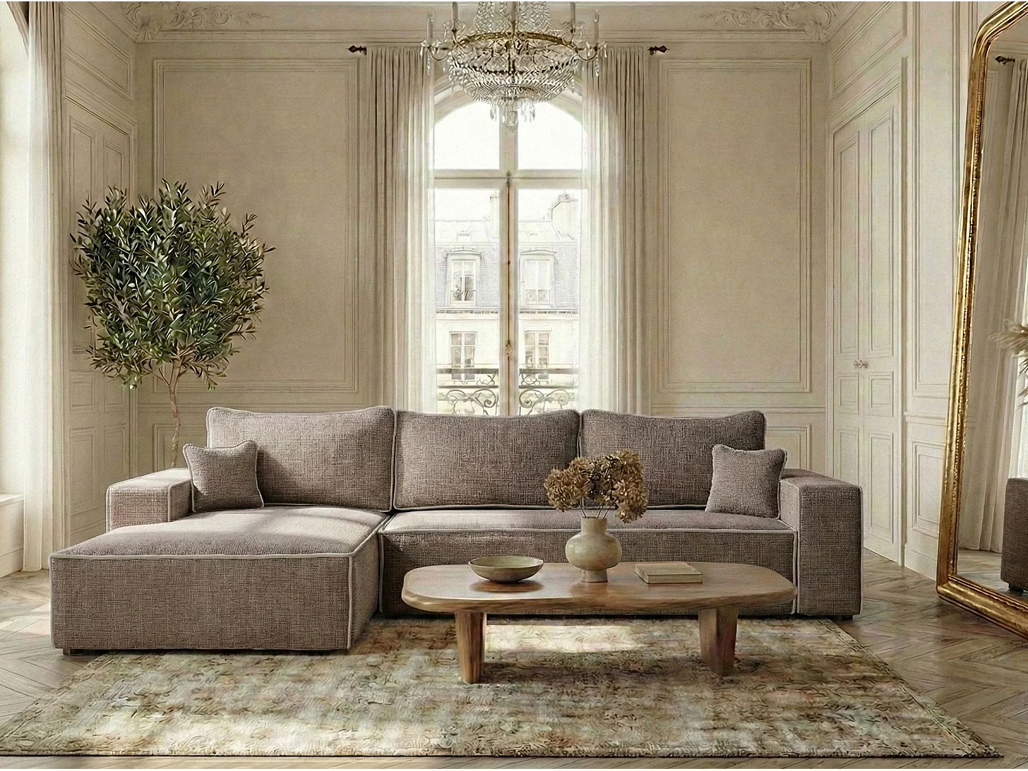 Canapé d'angle gauche convertible en tissu chenille brun-beige MODO